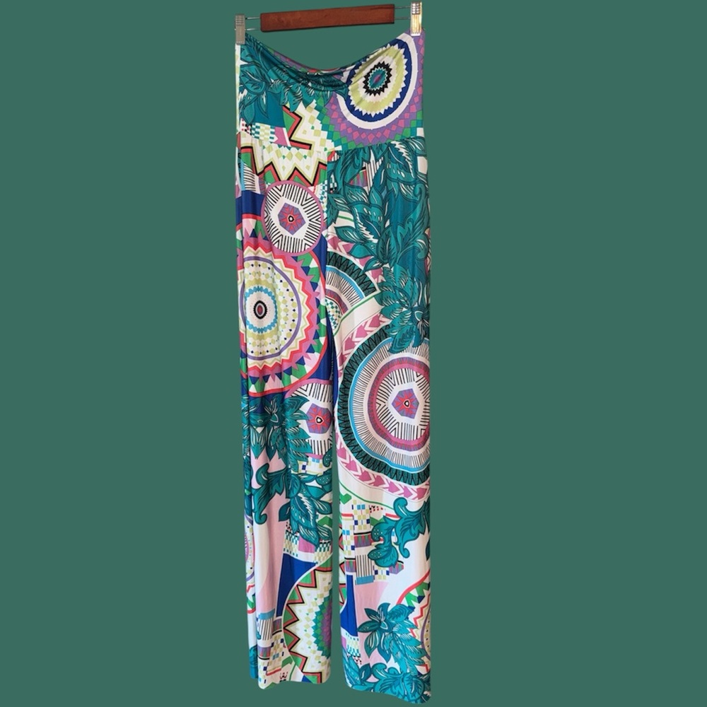 Womens USA J‎ UP FOLDOVER GREEN & PINK SILKY BOHO PALAZZO PANTS S - Picture 3 of 5
